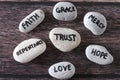 Trust, mercy, faith, grace, love, repentance, and hope handwritten words on stones, top view. Royalty Free Stock Photo