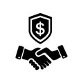 Trust partnership in business vector icon, safe deal illustration sign, handshake with shield symbol.