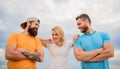 Trust and support attributes of true team. United by idea. Woman and men look confident while stay close each other like Royalty Free Stock Photo