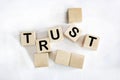 Trust is the word written on wooden blocks. White background. Business concept for your design Royalty Free Stock Photo