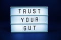 Trust Your Gut letterboard text on LED Lightbox on blue background Royalty Free Stock Photo