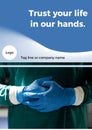 Trust your life in our hands and company name holding text and logo space over midsection of surgeon Royalty Free Stock Photo