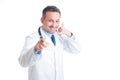 Trustworthy and confident doctor making contact us gesture