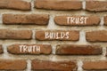 Truth builds trust symbol. Concept words Truth builds trust on red brown brick wall on a beautiful brick wall background. Business