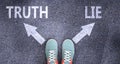 Truth and lie as different choices in life - pictured as words Truth, lie on a road to symbolize making decision and picking Royalty Free Stock Photo