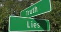 Truth, Lies Two Way Green Road Sign Along The Road