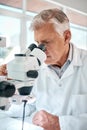 The truth lies under the lens. a senior scientist using a microscope in a lab.