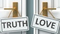 Truth or love as a choice in life - pictured as words Truth, love on doors to show that Truth and love are different options to