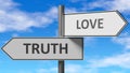 Truth and love as a choice - pictured as words Truth, love on road signs to show that when a person makes decision he can choose