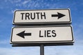 Truth vs lies. White two street signs with arrow on metal pole with word