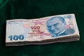 100 TRY - One hundred Turkish lira banknotes round stack front top