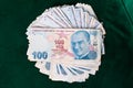 100 TRY - One hundred Turkish lira banknotes round stack front top