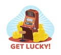 Try your luck with slot machine at casino. Stack of golden coins. Gambling poster. Online bingo game. 777 jackpot Royalty Free Stock Photo