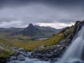Tryfan in spring with the Afon Lloer in flow over the waterfalls, Wales