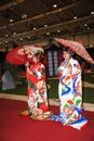 Trying on Japanese costumes at the Festival of the Orient in Rome Italy