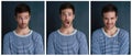 Trying not to look guilty. Composite shot of a young man pulling funny faces in studio.