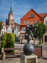 Elephant sculpture in historical city center market square in Trzebiatow, Poland.