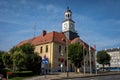 Townhall building in historical city center market square in Trzebiatow, Poland.