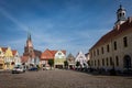 Trzebiatow in Poland - Townhall, Mariacki church tenement houses in historical city center. .