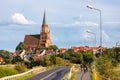 Trzebiatow, Zachodniopomorskie / Poland - August, 29, 2020: Huge church towering over the buildings of a small town. A large