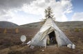 Tsaatan boy at the door of his home yurt Royalty Free Stock Photo