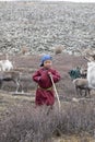 Tsaatan boy, dressed in a traditional deel with a reindeer in a Royalty Free Stock Photo