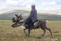 A Tsaatan man rides his reindeer in northern Mongolia
