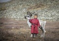 Tsaatan kid with a baby reindeer Royalty Free Stock Photo