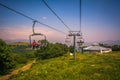 TSAGHKADZOR, ARMENIA - JULY 11, 2021: Aerial views from the ropeway cable car over the green forests on the mountainside of the