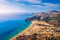 Tsampika beach with golden sand view from above, Rhodes, Greece. Aerial birds eye view of famous beach of Tsampika, Rhodes island Royalty Free Stock Photo