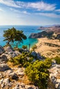 Tsampika beach with golden sand view from above, Rhodes, Greece. Aerial birds eye view of famous beach of Tsampika, Rhodes island Royalty Free Stock Photo