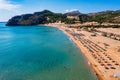 Tsampika beach with golden sand view from above, Rhodes, Greece. Aerial birds eye view of famous beach of Tsampika, Rhodes island Royalty Free Stock Photo