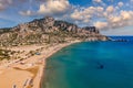 Tsampika beach with golden sand view from above, Rhodes, Greece. Aerial birds eye view of famous beach of Tsampika, Rhodes island Royalty Free Stock Photo