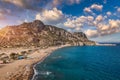 Tsampika beach with golden sand view from above, Rhodes, Greece. Aerial birds eye view of famous beach of Tsampika, Rhodes island Royalty Free Stock Photo