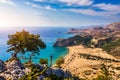 Tsampika beach with golden sand view from above, Rhodes, Greece. Aerial birds eye view of famous beach of Tsampika, Rhodes island Royalty Free Stock Photo