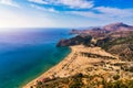 Tsampika beach with golden sand view from above, Rhodes, Greece. Aerial birds eye view of famous beach of Tsampika, Rhodes island Royalty Free Stock Photo