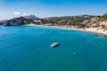 Tsampika beach with golden sand view from above, Rhodes, Greece. Aerial birds eye view of famous beach of Tsampika, Rhodes island Royalty Free Stock Photo