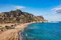 Tsampika beach with golden sand view from above, Rhodes, Greece. Aerial birds eye view of famous beach of Tsampika, Rhodes island Royalty Free Stock Photo