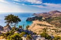 Tsampika beach with golden sand view from above, Rhodes, Greece. Aerial birds eye view of famous beach of Tsampika, Rhodes island Royalty Free Stock Photo