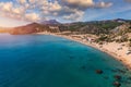 Tsampika beach with golden sand view from above, Rhodes, Greece. Aerial birds eye view of famous beach of Tsampika, Rhodes island Royalty Free Stock Photo