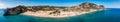 Tsampika beach with golden sand view from above, Rhodes, Greece. Aerial birds eye view of famous beach of Tsampika, Rhodes island Royalty Free Stock Photo