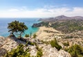 Tsampika beach and Rhodes island panorama from Tsampika mountain top, Greece Royalty Free Stock Photo