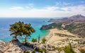 Tsampika beach and Rhodes island panorama from Tsampika mountain top, Greece Royalty Free Stock Photo