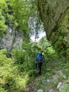 Tsandripsh, Abkhazia, August, 03, 2019. Tourists hiking in the gorge Tsandripsh in the summer in cloudy day