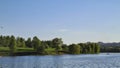 Tsaritsinsky Pond. View to lakeshore from Shipilovskaya Dam (Moscow, Russia)