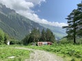 Tsey, Russia, North Ossetia, June, 26, 2019. Small cafe in Tsey gorge in summer cloudy day