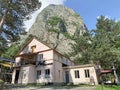 Tsey, Russia, North Ossetia, June, 26, 2019. Tsey gorge, mountain camp Tsey in front of mount `Monk`