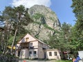 Tsey, Russia, North Ossetia, June, 26, 2019. Tsey gorge, mountain camp Tsey in front of mount `Monk`