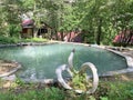 Tsey, Russia, North Ossetia, June, 26, 2019. Tsey gorge, swimming pool in mountain camp Tsey