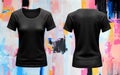 Tshirt Black Woman, Template Shirt Front Back Isolated Blank Female Mockup, Textile Realistic Clothes with Colorful Royalty Free Stock Photo